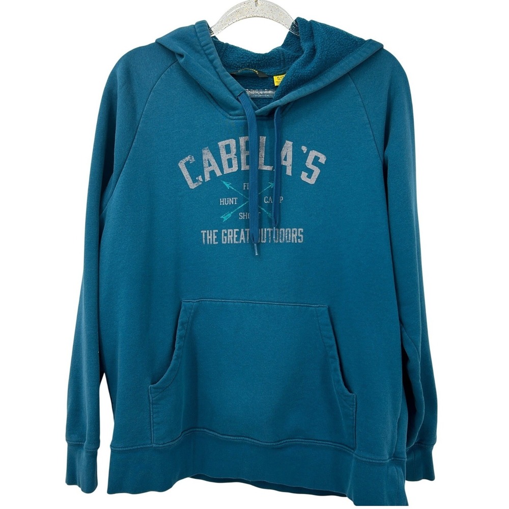 Cabelas Womens XL‎ Hoodie Teal Blue Great Outdoors Graphic Pullover Fleece Lined